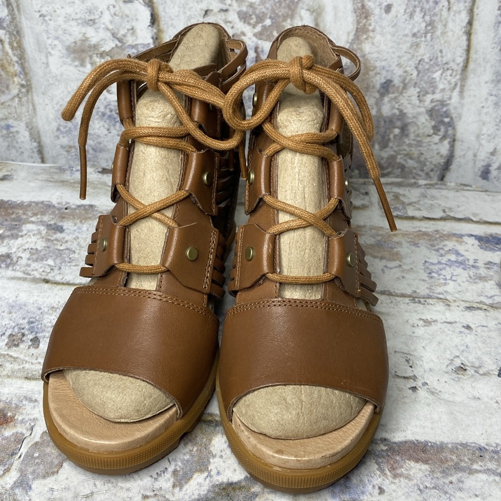 Sorel Brown Leather Lace-Up Wedge Sandals - Picture 3 of 9